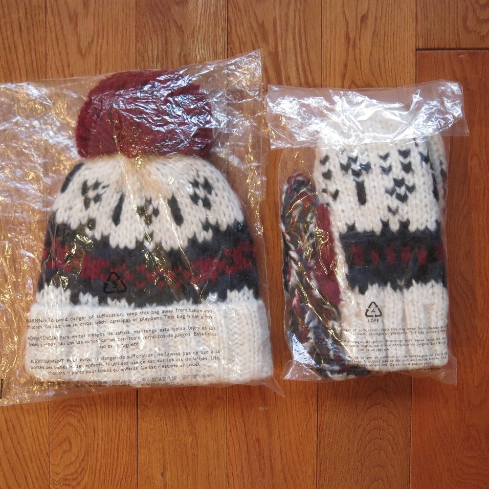 J.Crew chunky knit pom-pom beanie and mittens in fair isle One Size